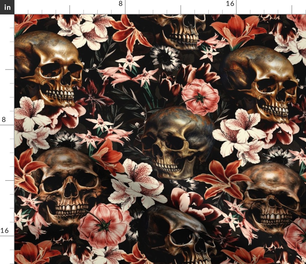 Antique Goth Nightfall: A Vintage Floral Pattern with Skulls And Exotic Flowers sepia midnight black- halloween aesthetic wallpaper 