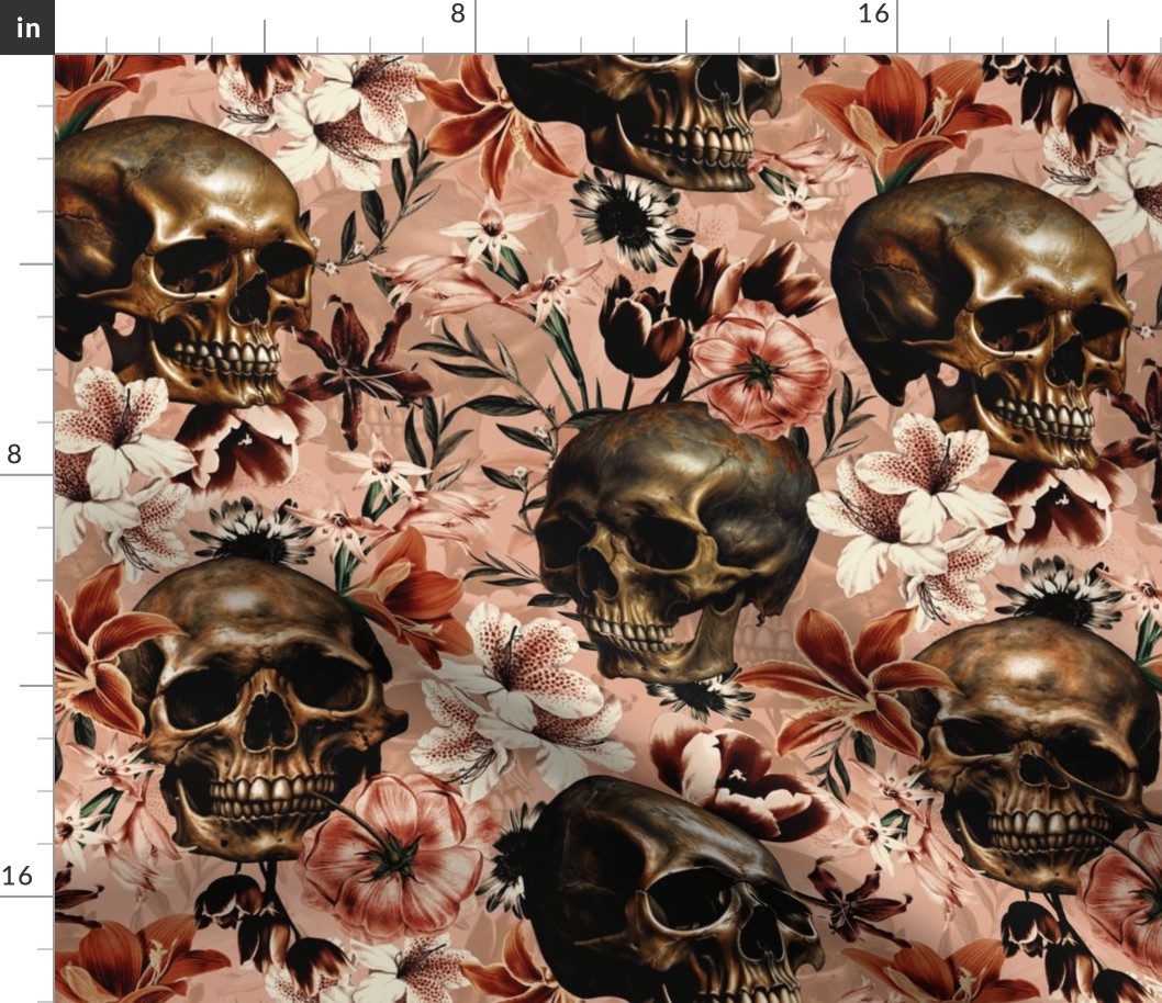 Antique Goth Nightfall: A Vintage Floral Pattern with Skulls And Exotic Flowers sepia peach- halloween aesthetic wallpaper 