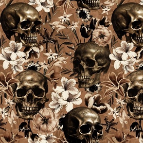 Antique Goth Nightfall: A Vintage Floral Pattern with Skulls And Exotic Flowers sepia brown- halloween aesthetic wallpaper 