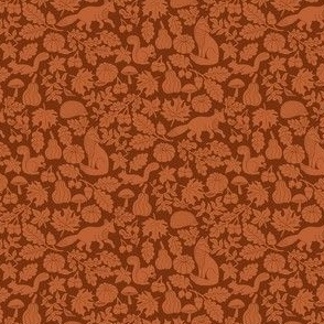 XSMALL Woodland Creatures Rust and Brown Linocut fabric - wood cut block print pumpkin woodcut design 4in