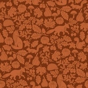 SMALL Woodland Creatures Rust and Brown Linocut fabric - wood cut block print pumpkin woodcut design 6in