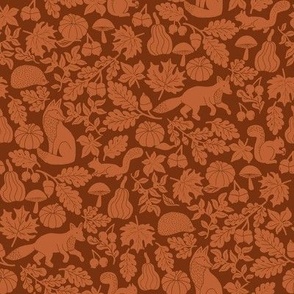 MEDIUM Woodland Creatures Rust and Brown Linocut fabric - wood cut block print pumpkin woodcut design 8in