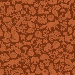 LARGE Woodland Creatures Rust and Brown Linocut fabric - wood cut block print pumpkin woodcut design 10in
