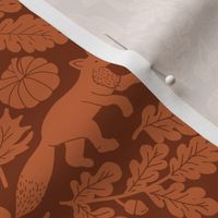 XLARGE Woodland Creatures Rust and Brown Linocut fabric - wood cut block print pumpkin woodcut design 12in
