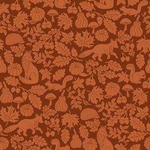 XLARGE Woodland Creatures Rust and Brown Linocut fabric - wood cut block print pumpkin woodcut design 12in