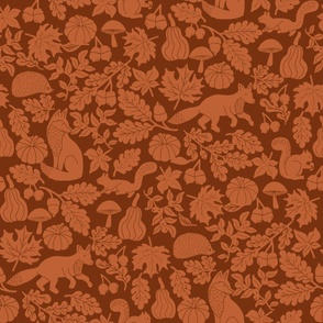 JUMBO Woodland Creatures Rust and Brown Linocut fabric - wood cut block print pumpkin woodcut design