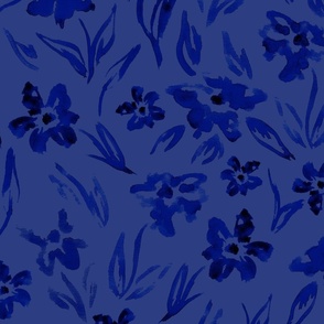Navy Cobalt Blue Painted  Watercolour Flowers