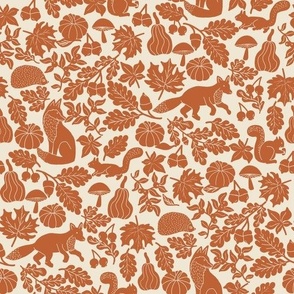 LARGE Woodland Creatures Rust Linocut fabric - wood cut block print pumpkin woodcut design 10in