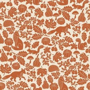 JUMBO Woodland Creatures Rust Linocut fabric - wood cut block print pumpkin woodcut design