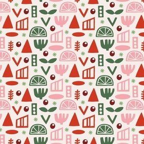 Holiday Folk Abstract Shapes Block Print Geometric Green Red Pink White Winter Wonderland