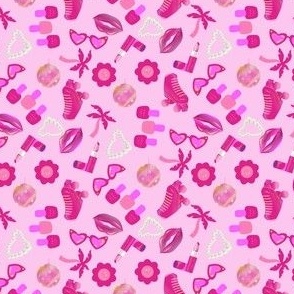 TINY Malibu Girl Pink Fabric - sunnies makeup pearls palm trees cute california  4in