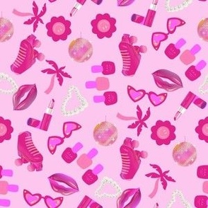 SMALL Malibu Girl Pink Fabric - sunnies makeup pearls palm trees cute california  6in