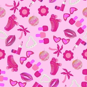 LARGE Malibu Girl Pink Fabric - sunnies makeup pearls palm trees cute california  10in