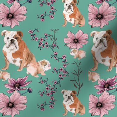 bulldog with pups florals green