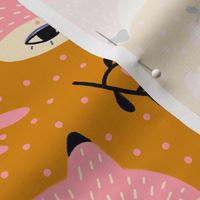 Cute pink foxes pattern on a mustard background