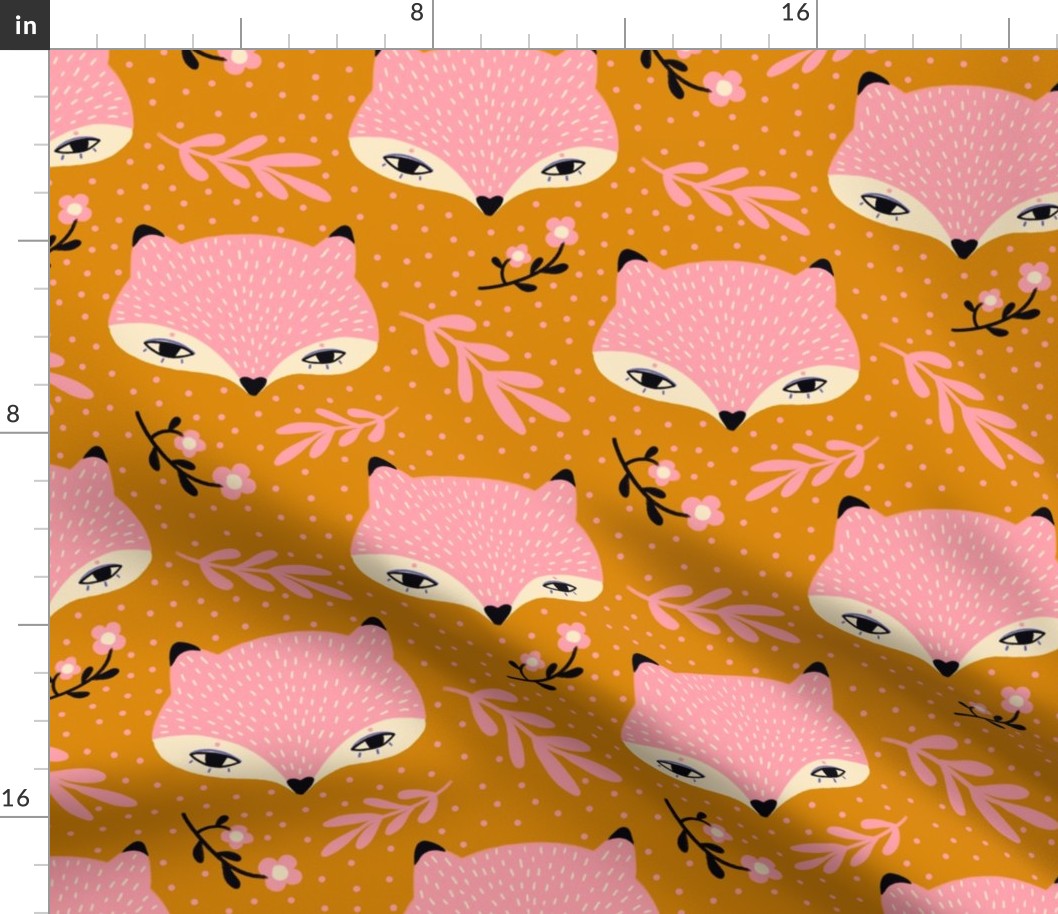 Cute pink foxes pattern on a mustard background