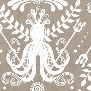 Mythos - Nautical Octopus Damask Neutral Sand Beige And White Large