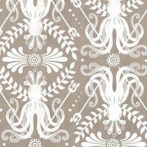 Mythos - Nautical Octopus Damask Neutral Sand Beige And White Regular