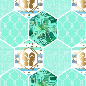 Mint Coastal  Flip Flop Honeycomb Design Repeating Pattern