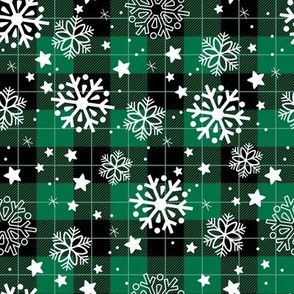 Snowflakes on Green Plaid