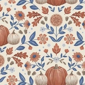 Damask Pumpkins and flowers in orange and blue on cream background
