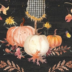 24" Whimsical Scarecrow Pumpkins Flowers and Autumn Leaves by Audrey Jeanne