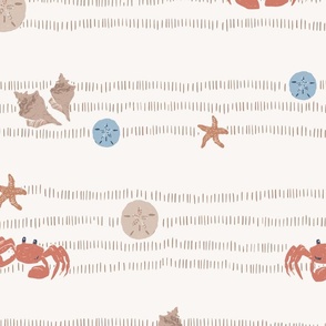BEACHCOMBERS (Lg) Cute Crab and Seashells Stripe in Warm Neutrals on Light Ivory White