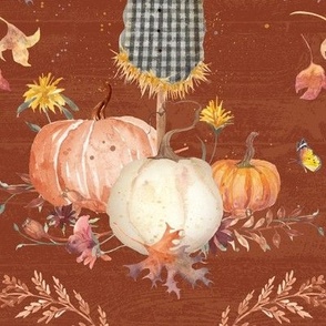 24" Whimsical Scarecrow Pumpkins Flowers and Autumn Leaves in Rust by Audrey Jeanne