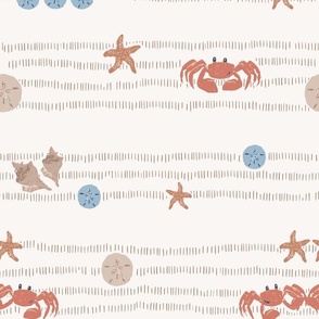 BEACHCOMBERS (M) Cute Crab and Seashells Kids Bedroom Stripe in Warm Neutrals on Light Ivory White