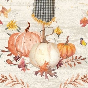 24" Whimsical Scarecrow Pumpkins Flowers and Autumn Leaves in Ivory by Audrey Jeanne