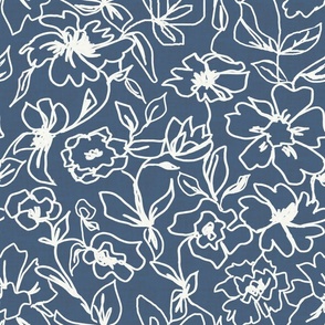 Line Floral on Blue - Blue and White Flowers - Hand Drawn - Flower Outlines