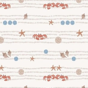 BEACHCOMBERS (Micro) Cute Crab and Seashells Kids Bedroom Stripe in Warm Neutrals on Light Ivory White