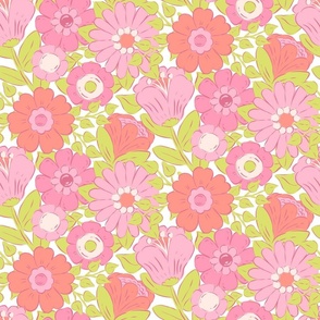 Retro Flowers in Coral Pink and Lime Green
