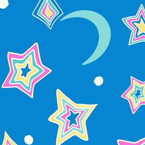 Psychedelic retro Stars and moons bright cobalt blue_ pink and yellow by Jac Slade