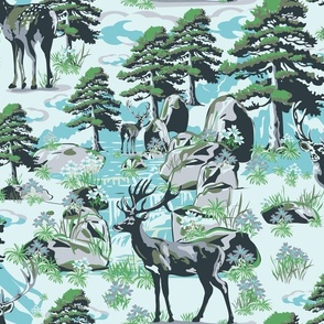 Wild Woodland Deer, Moss Green Pine Tree Forest, Evergreen Trees, Rocky Mountain Animals, Woodland Animal Decor, Deer Forest Pine Trees, Wild Deer Buck Country Landscape, Wild Animal Farmhouse Pattern, Snowy Mountain Deer Hunting, Large Scale