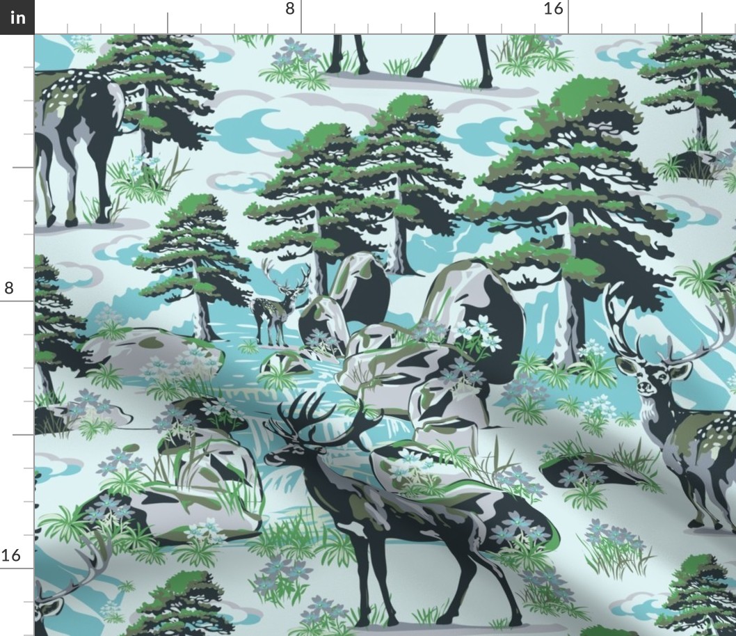 Wild Woodland Deer, Moss Green Pine Tree Forest, Evergreen Trees, Rocky Mountain Animals, Woodland Animal Decor, Deer Forest Pine Trees, Wild Deer Buck Country Landscape, Wild Animal Farmhouse Pattern, Snowy Mountain Deer Hunting, Large Scale