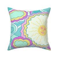 Utopia Retro Suns Palms and rainbows in bright blue pink yellow by Jac Slade