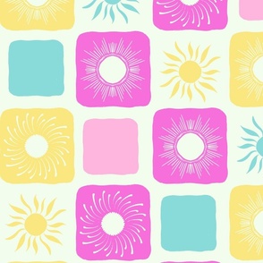 Bright Sunshine checks pink_ blue yellow by Jac Slade