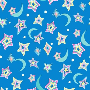 Psychedelic retro Stars and moons bright cobalt blue_ pink and yellow by Jac Slade