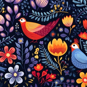Jumbo Floral Fantasia: A Colorful Ensemble of Birds and Blooms