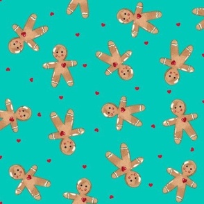 MEDIUM-Gingerbread man & red hearts on teal