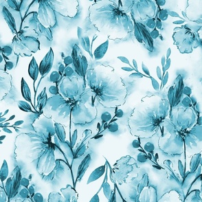 Painterly Monochromatic Watercolor Wildflowers and Berries in Teal Blue