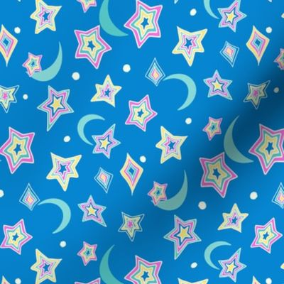 Psychedelic retro Stars and moons bright cobalt blue_ pink and yellow by Jac Slade