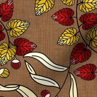 Wind blown leaves red yellow on brown 