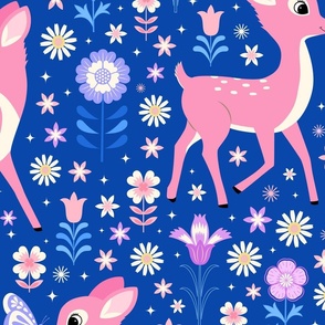 Pink Deer Playing with Butterflies on purple blue background – Extra Large Scale 