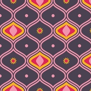Ogee pattern with small flowers and dots in pink, red on dark - small