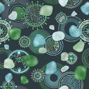 Sea glass and mandalas on a dark gray background. Watercolor.
