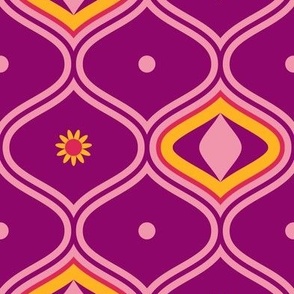 Ogee pattern with small flowers and dots in pink and red on purple - medium