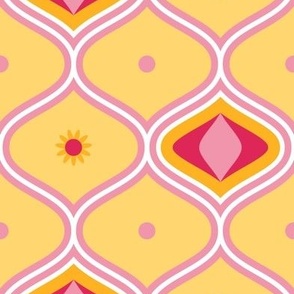 Ogee pattern with small flowers and dots in pink and red on yellow - medium