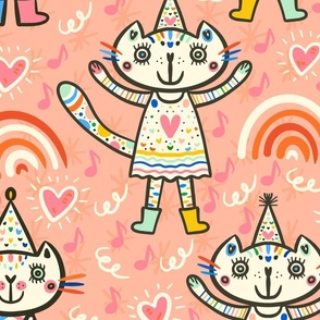 Cute cuter cutest colourful party kitten girls with funny hats on soft orange pink XL jumbo
